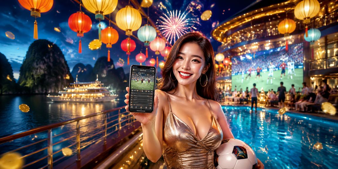 Cảnh người dùng xem app thể thao tại chợ đêm Hạ Long với điện thoại di động