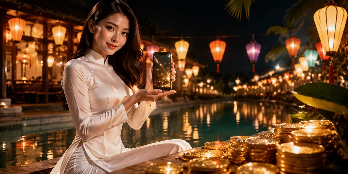 Thành viên VIP trải nghiệm giao diện giải thưởng trực tuyến trên điện thoại tại Việt Nam ban đêm